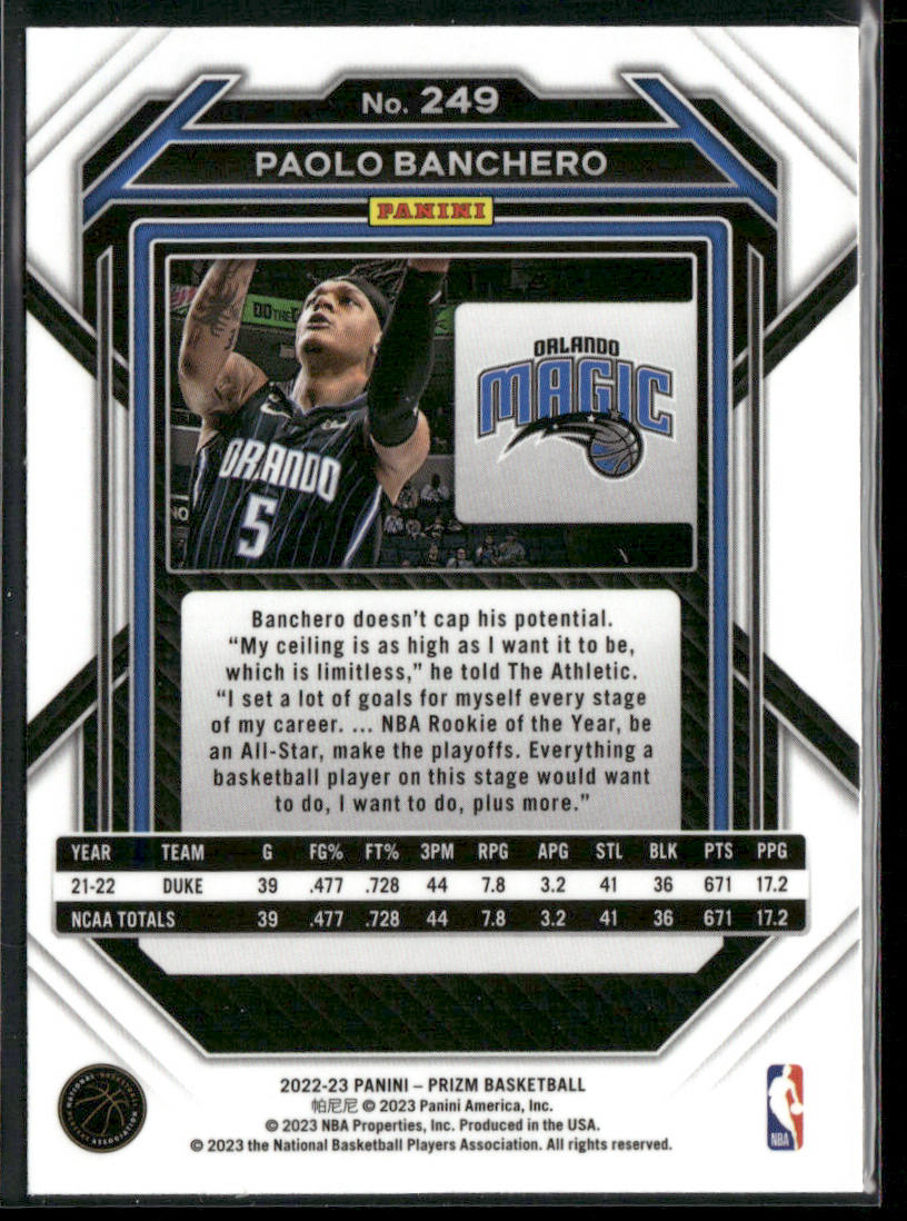 Paolo Banchero 2022-23 Panini Prizm #249 RC Orlando Magic