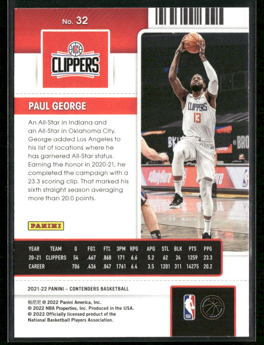 Paul George 2021-22 Panini Contenders #32 Los Angeles Clippers