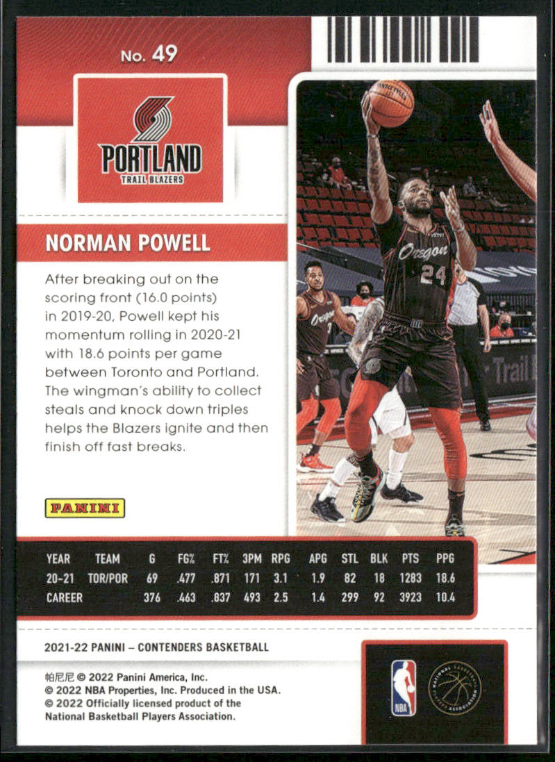 Norman Powell 2021-22 Panini Contenders #49 Portland Trail Blazers