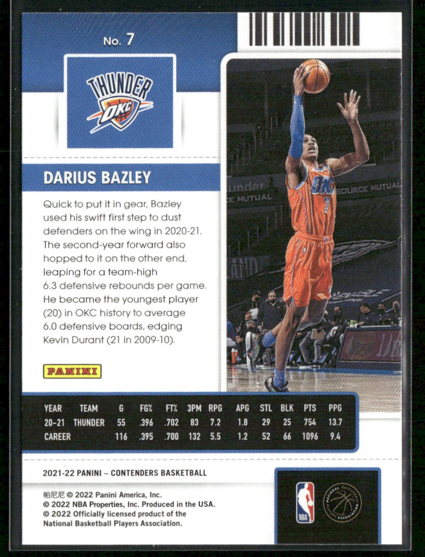 Darius Bazley 2021-22 Panini Contenders #7 Oklahoma City Thunder