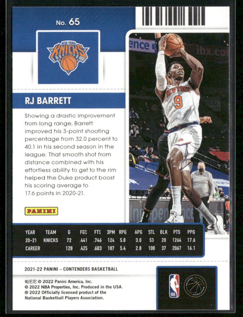 RJ Barrett 2021-22 Panini Contenders #65 New York Knicks