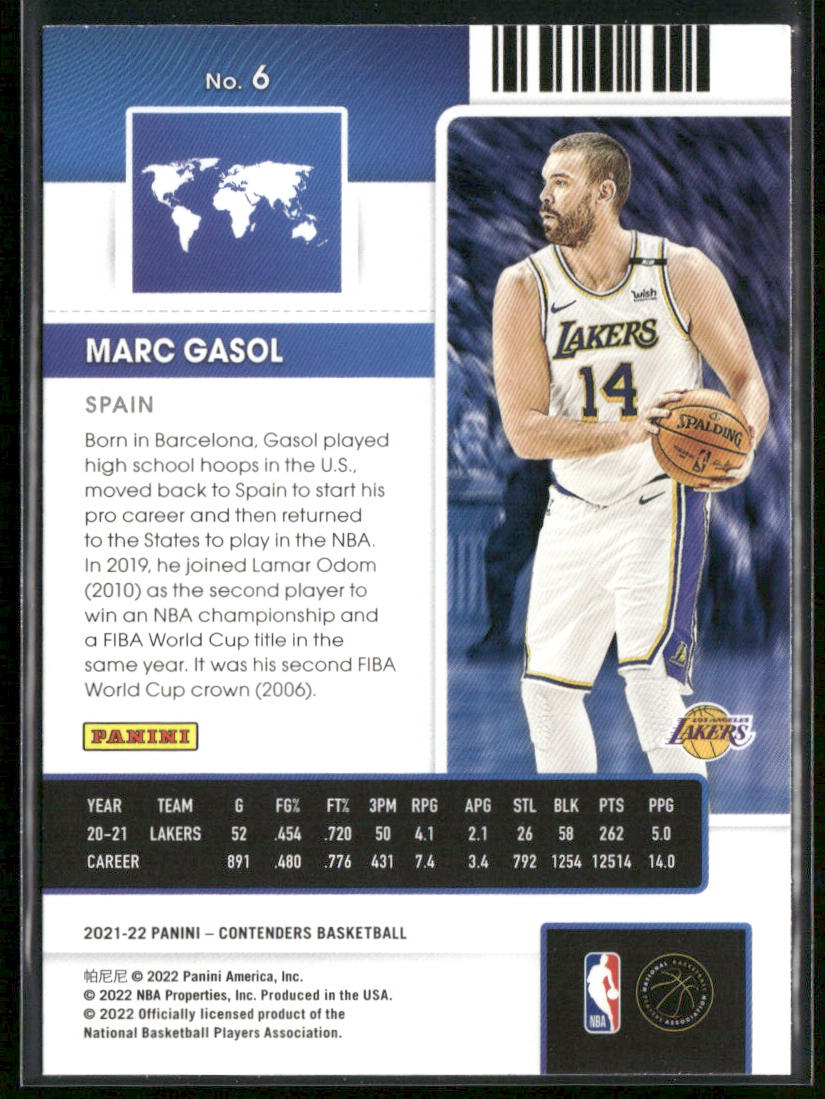 Marc Gasol 2021-22 Panini Contenders International Ticket #6 Los Angeles Lakers