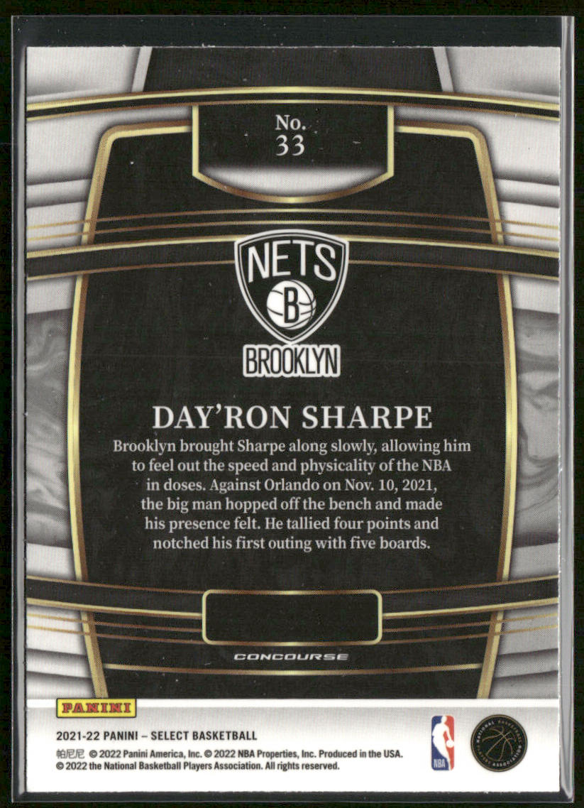 Day'Ron Sharpe 2021-22 Panini Select Blue (Retail Base) #33 RC Brooklyn Nets