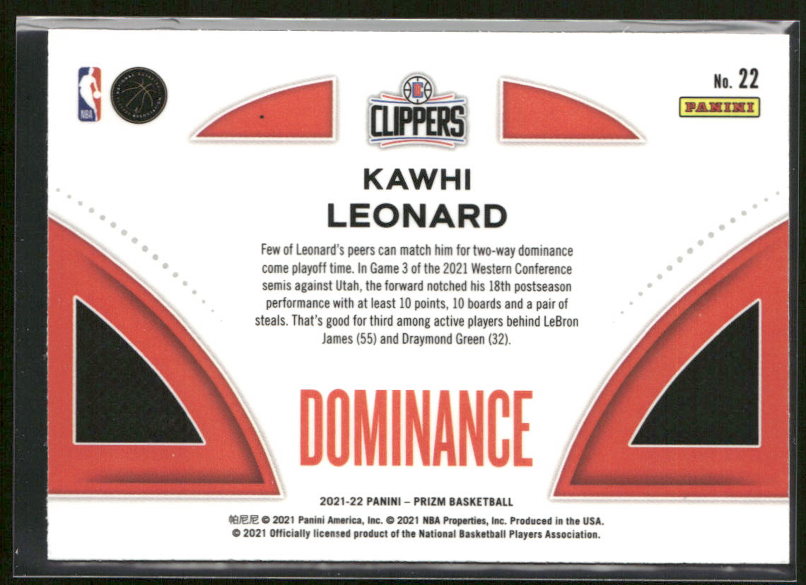 Kawhi Leonard 2021-22 Panini Prizm Dominance #22 Los Angeles Clippers back
