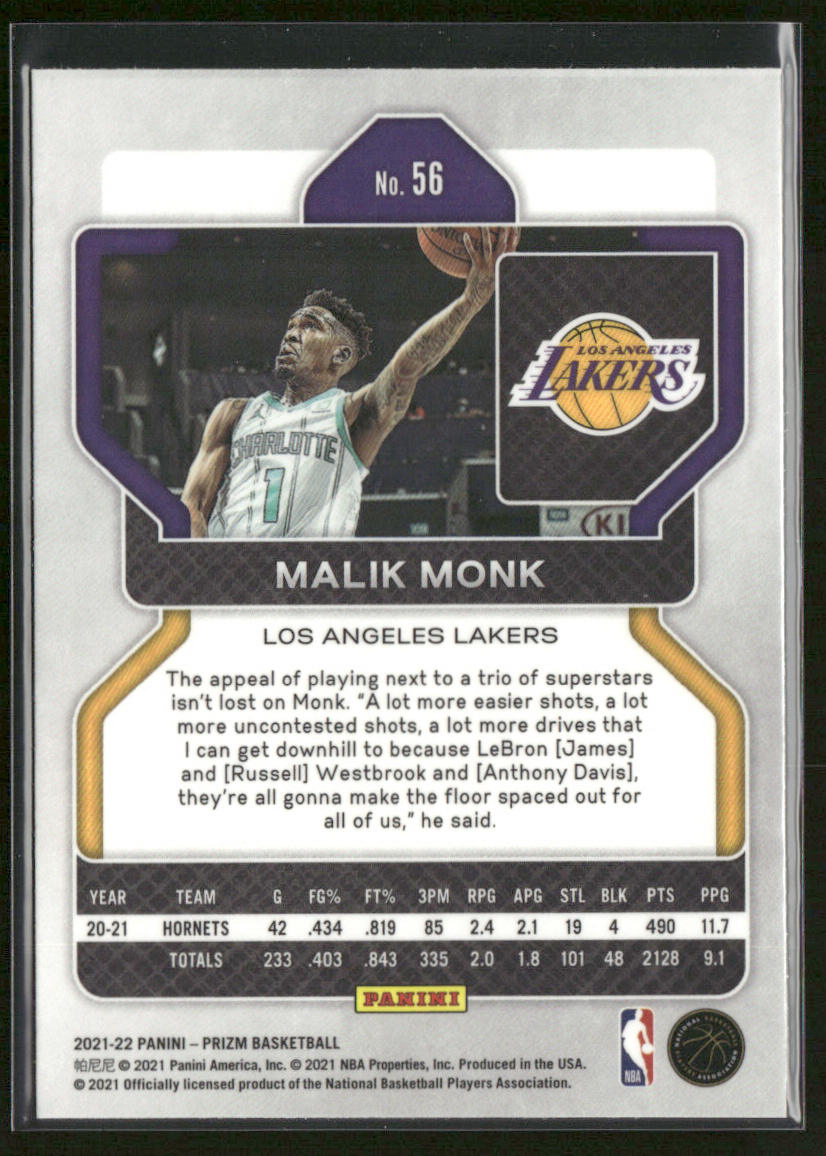 Malik Monk 2021-22 Panini Prizm #56 Los Angeles Lakers back