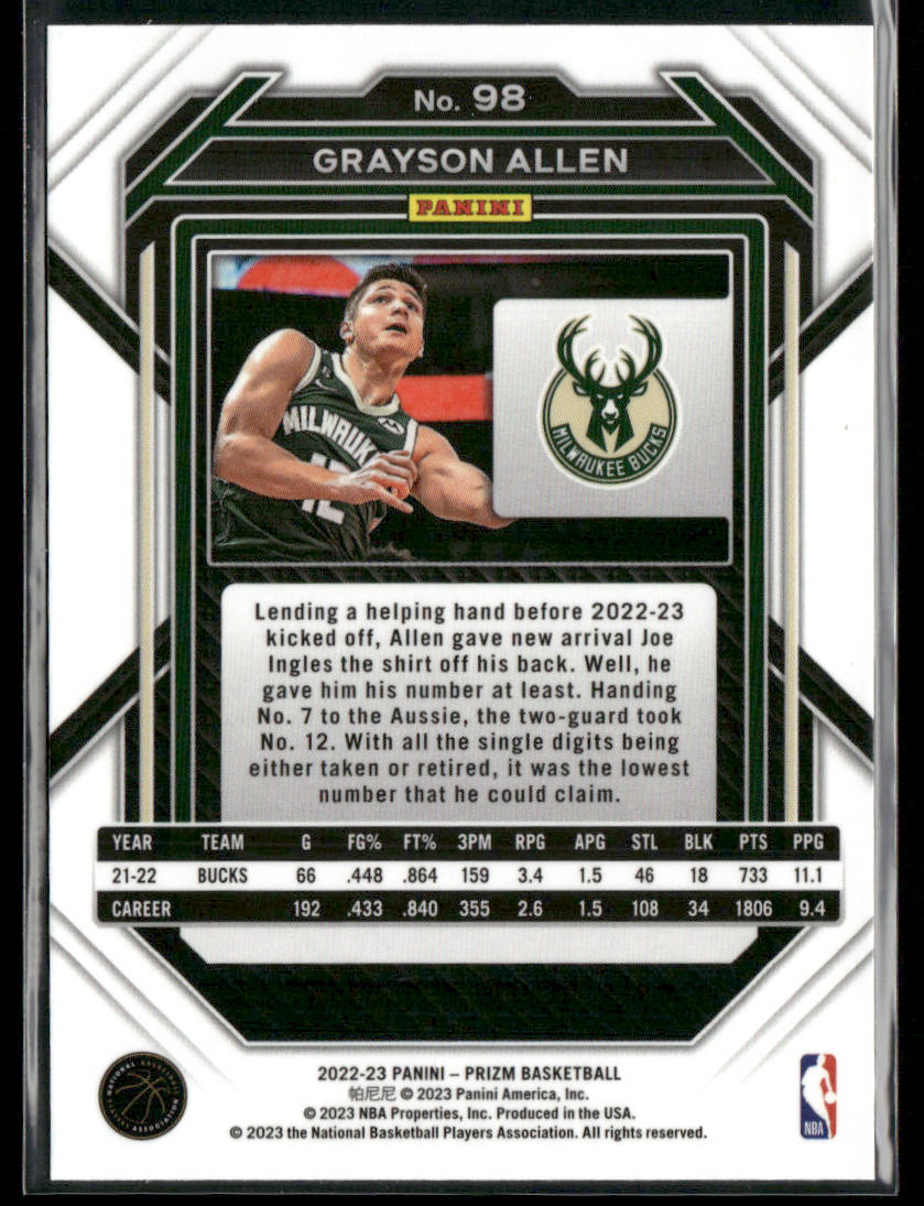 Grayson Allen 2022-23 Panini Prizm #98 Milwaukee Bucks
