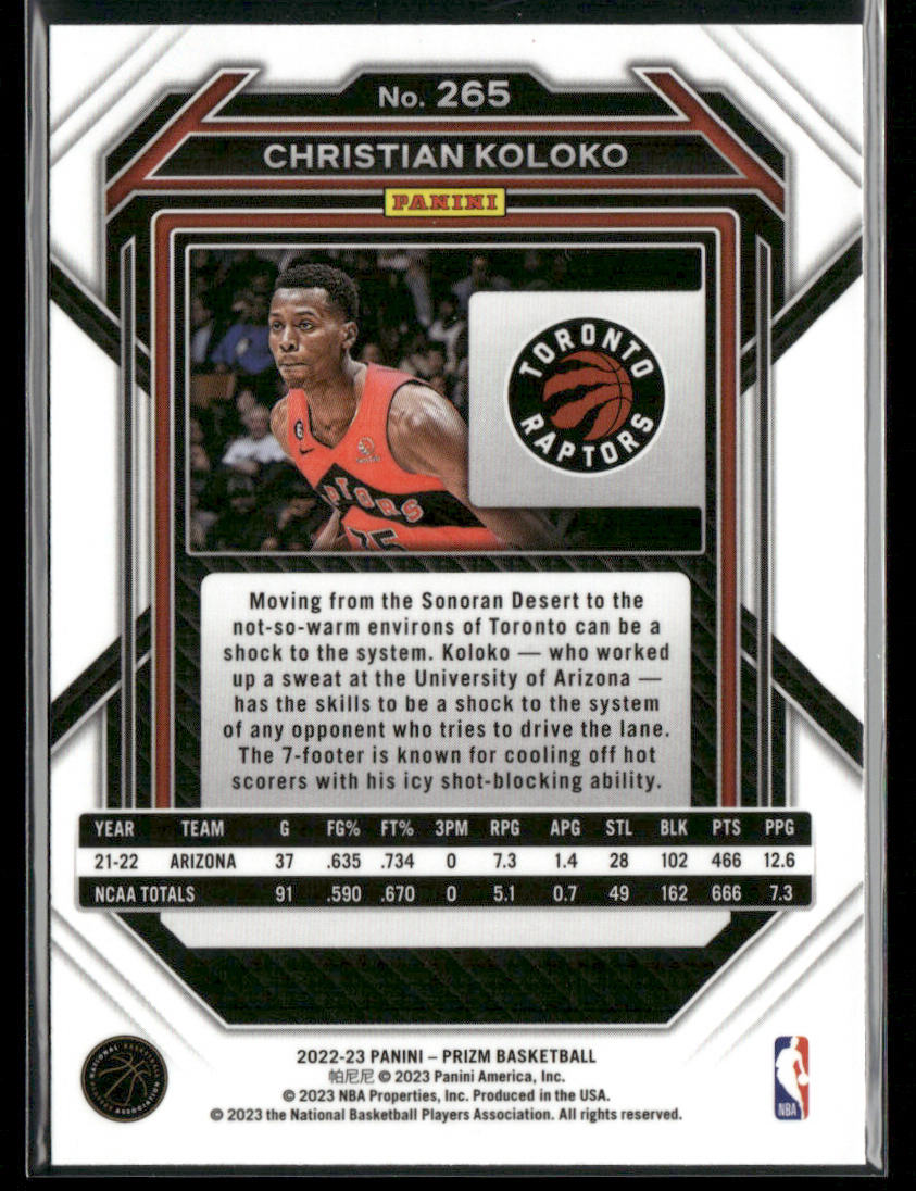 Christian Koloko 2022-23 Panini Prizm #265 RC Toronto Raptors