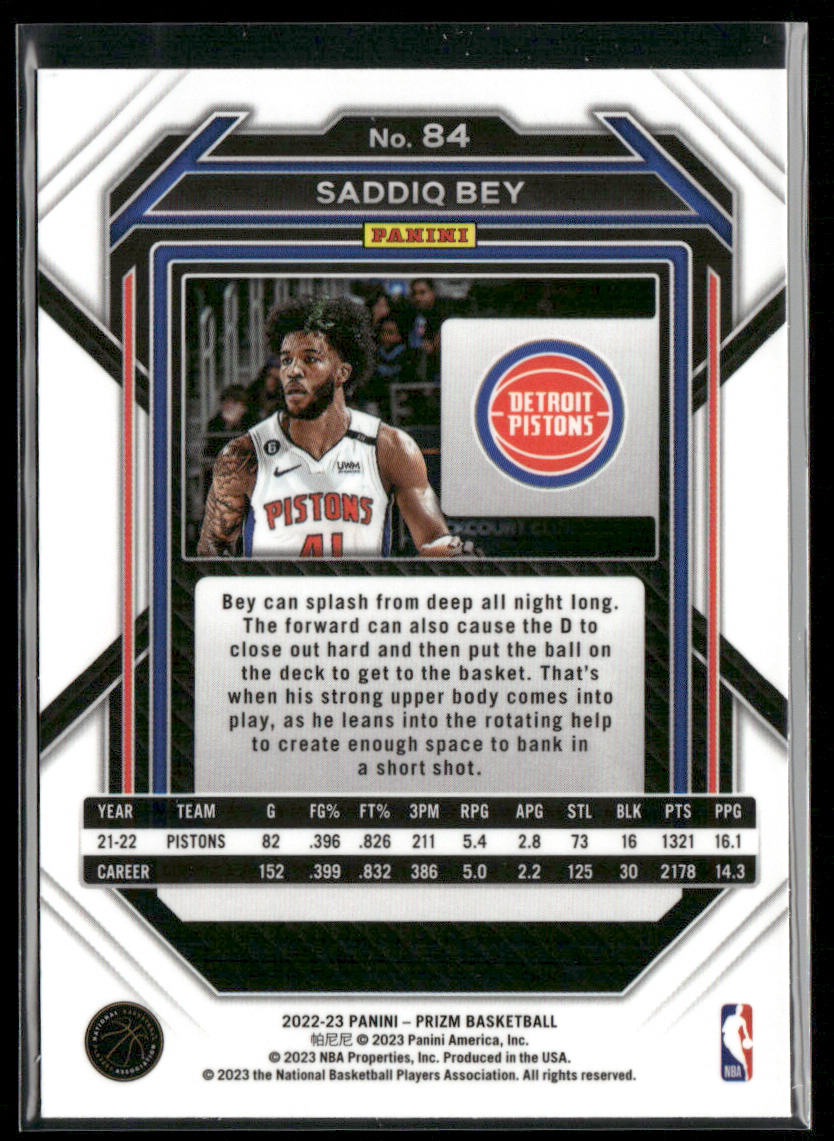 Saddiq Bey 2022-23 Panini Prizm #84 Detroit Pistons