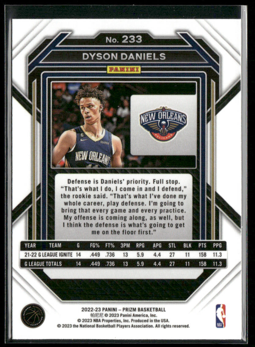 Dyson Daniels 2022-23 Panini Prizm #233 RC New Orleans Pelicans