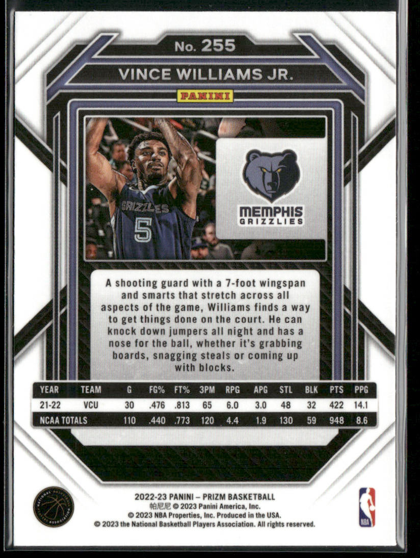 Vince Williams Jr. 2022-23 Panini Prizm #255 RC Memphis Grizzlies back