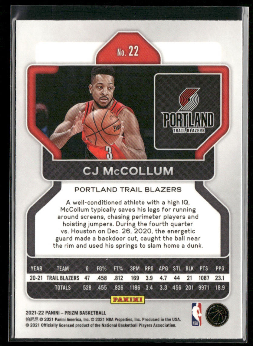 CJ McCollum 2021-22 Panini Prizm #22 Portland Trail Blazers