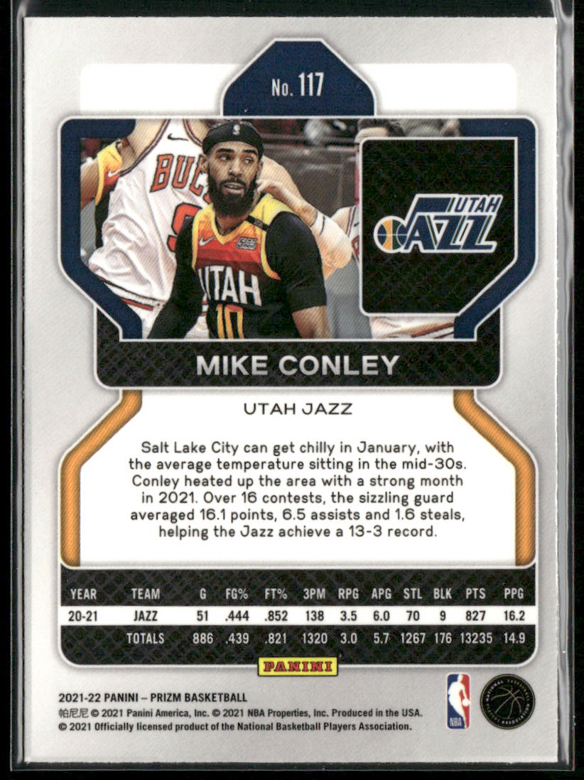 Mike Conley 2021-22 Panini Prizm #117 Utah Jazz back
