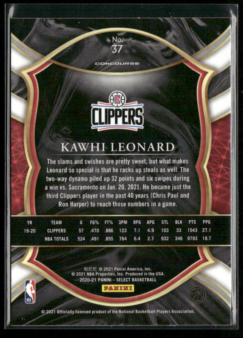 Kawhi Leonard 2020-21 Panini Select Blue #37 Los Angeles Clippers