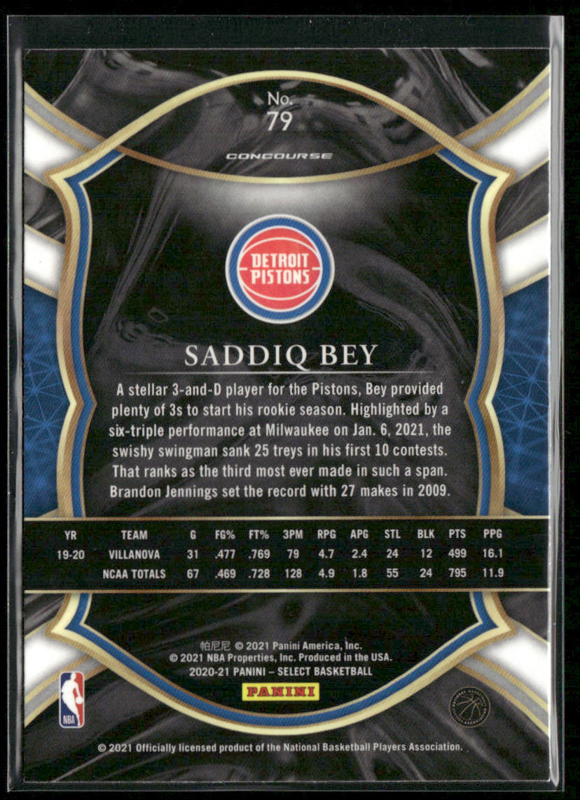 Saddiq Bey 2020-21 Panini Select Blue #79 RC Detroit Pistons