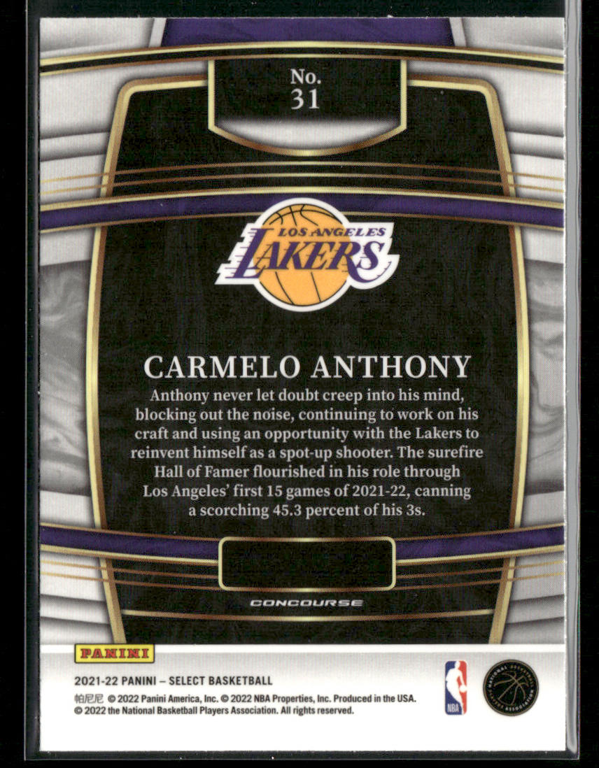 Carmelo Anthony 2021-22 Panini Select Blue (Retail Base) #31 Los Angeles Lakers
