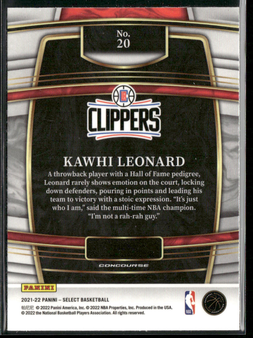 Kawhi Leonard 2021-22 Panini Select Blue (Retail Base) #20 Los Angeles Clippers