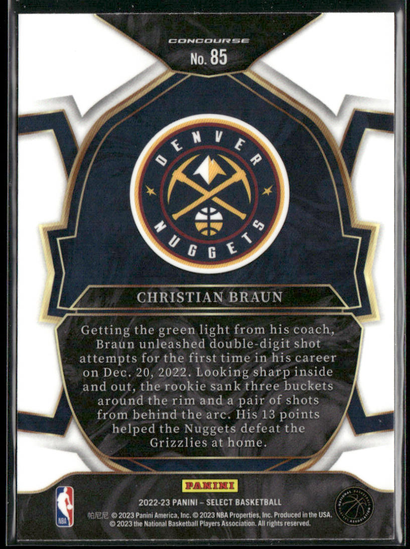 Christian Braun 2022-23 Panini Select Blue (Retail Base) #85 RC Denver Nuggets