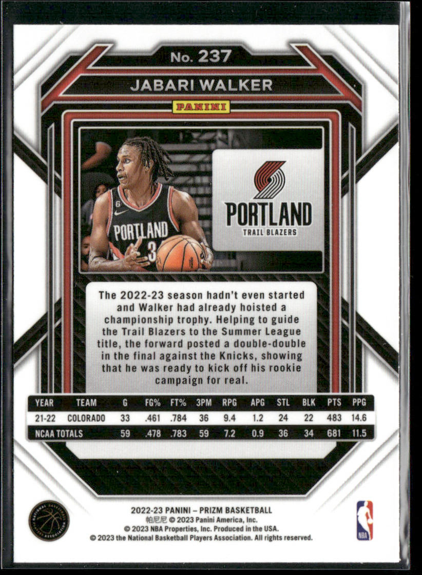 Jabari Walker 2022-23 Panini Prizm #237 RC Portland Trail Blazers