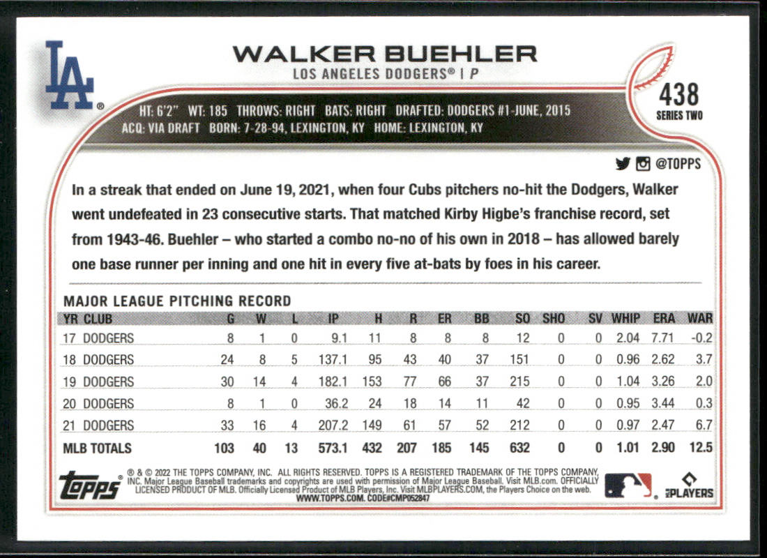 Walker Buehler 2022 Topps #438 Los Angeles Dodgers