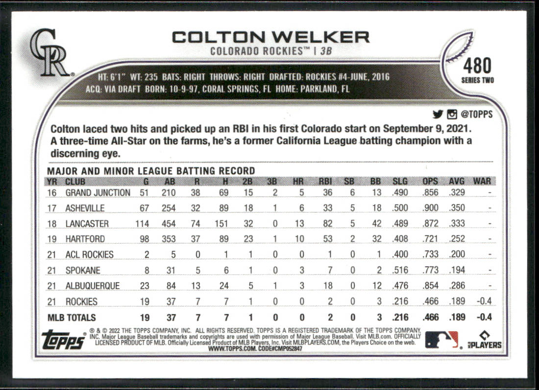Colton Welker 2022 Topps #480 RC Colorado Rockies