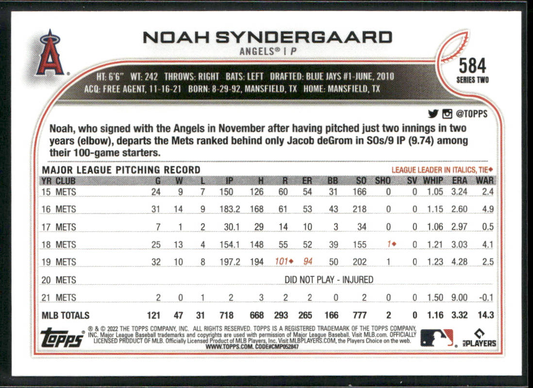 Noah Syndergaard 2022 Topps #584 Los Angeles Angels