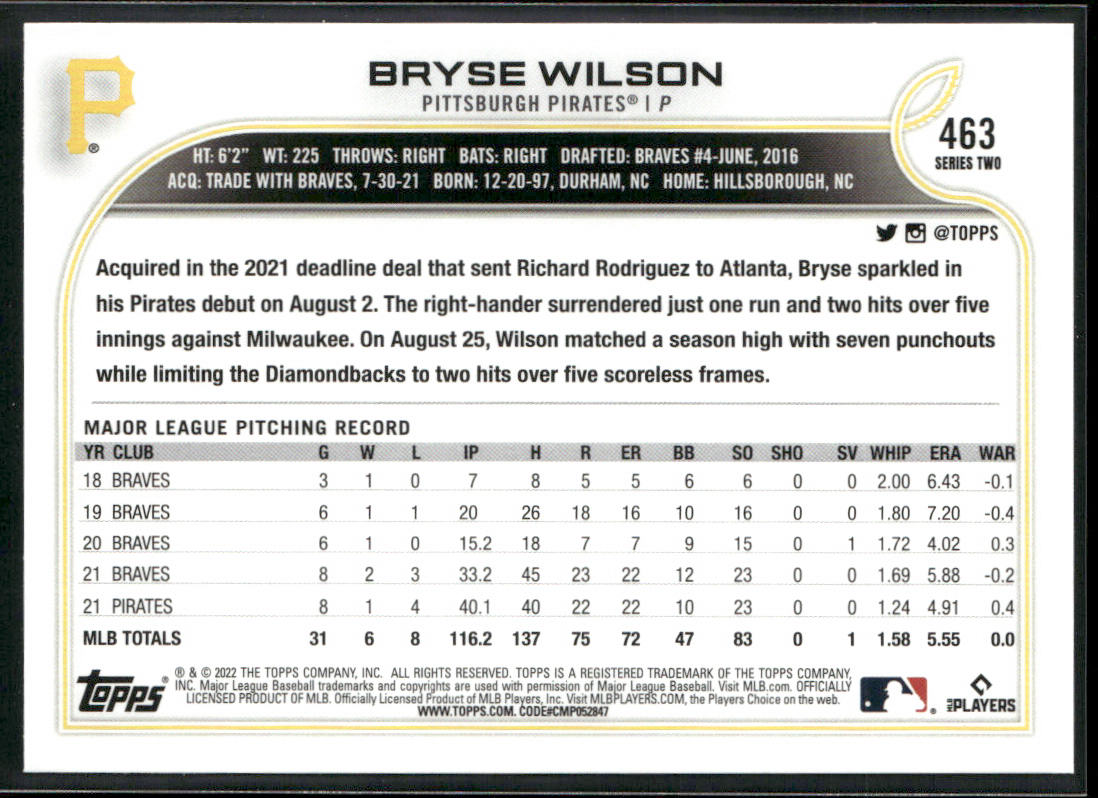 Bryse Wilson 2022 Topps #463 Pittsburgh Pirates