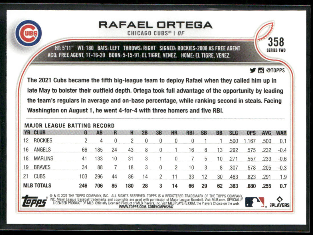 Rafael Ortega 2022 Topps #358 Chicago Cubs