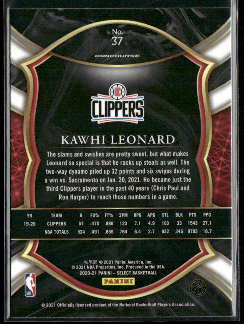 Kawhi Leonard 2020-21 Panini Select Blue #37 Los Angeles Clippers back