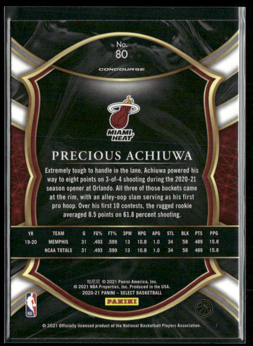 Precious Achiuwa 2020-21 Panini Select Blue #80 RC Miami Heat back