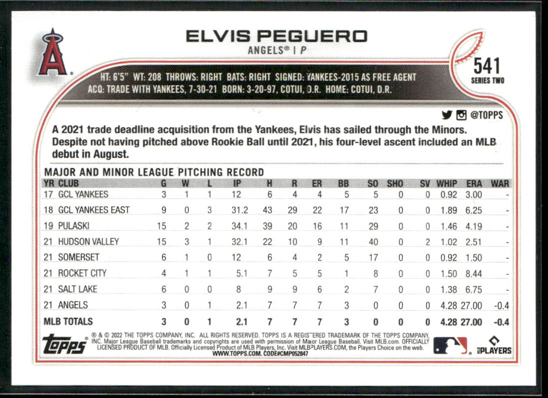 Elvis Peguero 2022 Topps #541 RC Los Angeles Angels back