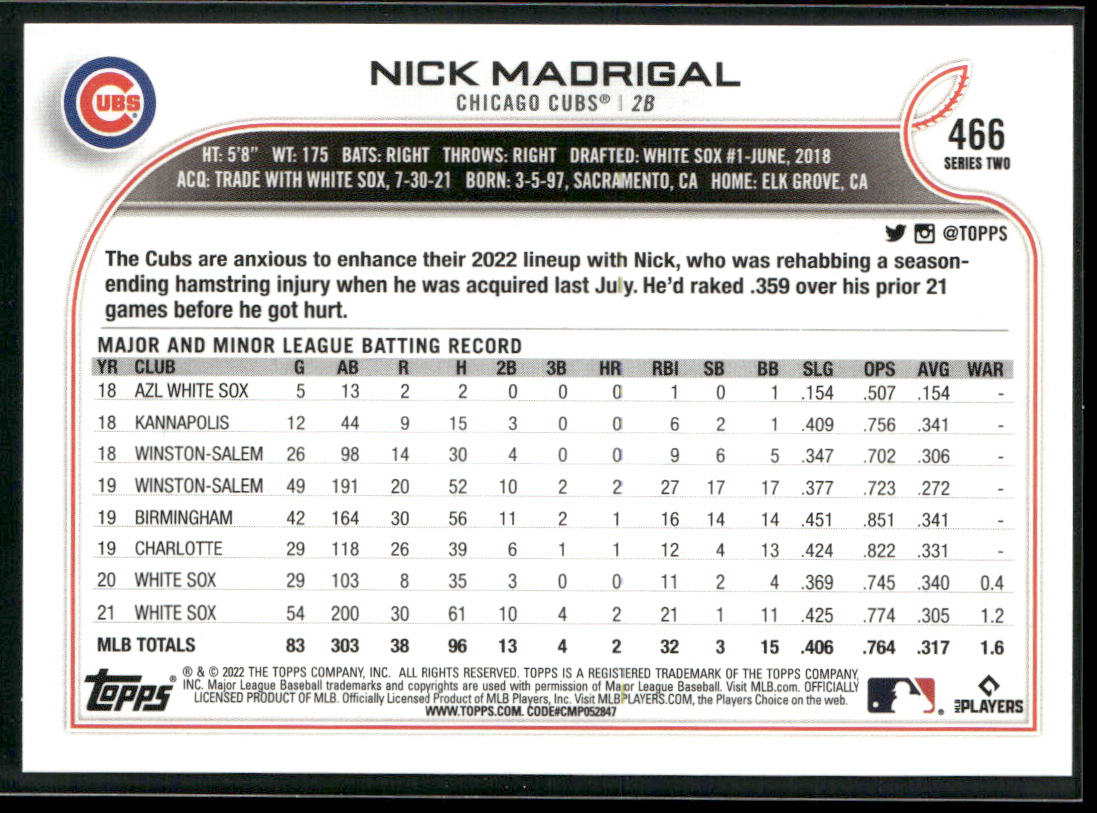 Nick Madrigal 2022 Topps #466 Chicago Cubs