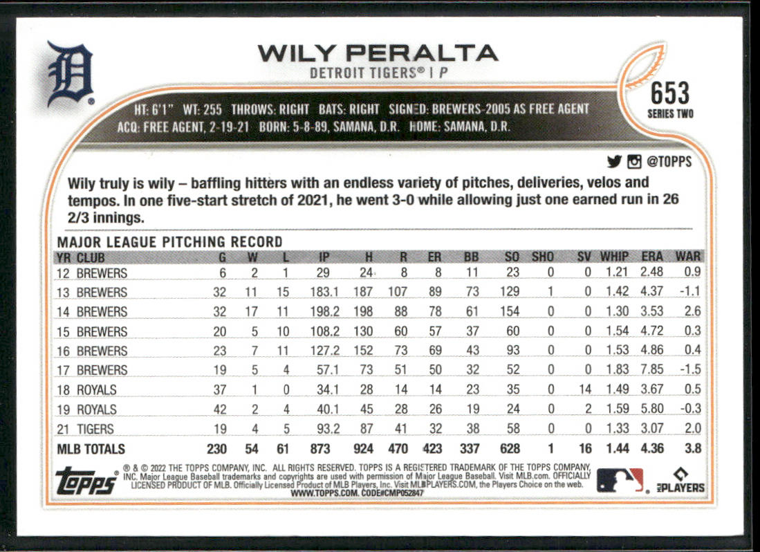Wily Peralta 2022 Topps #653 Detroit Tigers back
