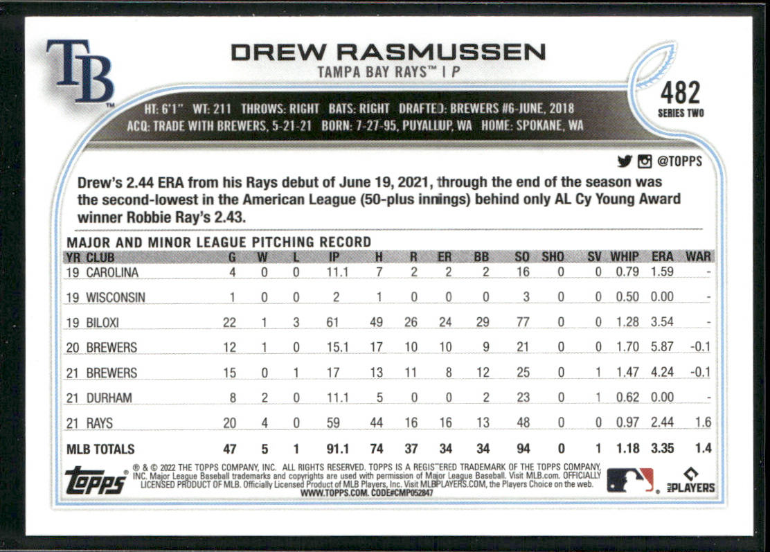 Drew Rasmussen 2022 Topps #482 Tampa Bay Rays back