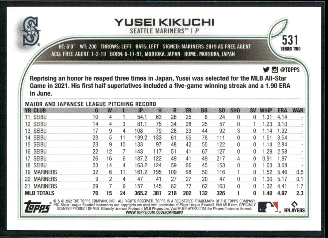 Yusei Kikuchi 2022 Topps #531 Seattle Mariners back