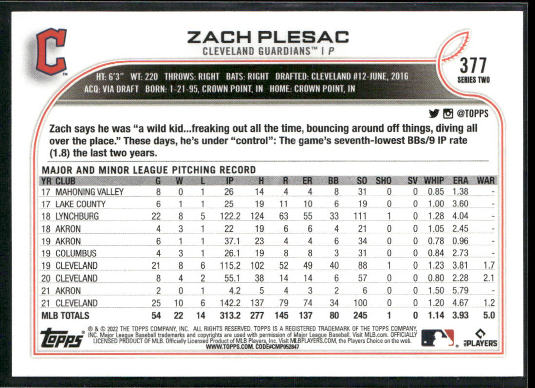 Zach Plesac 2022 Topps #377 Cleveland Guardians back