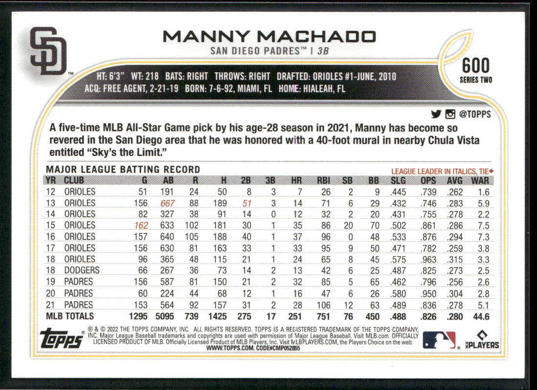 Manny Machado 2022 Topps #600b San Diego Padres