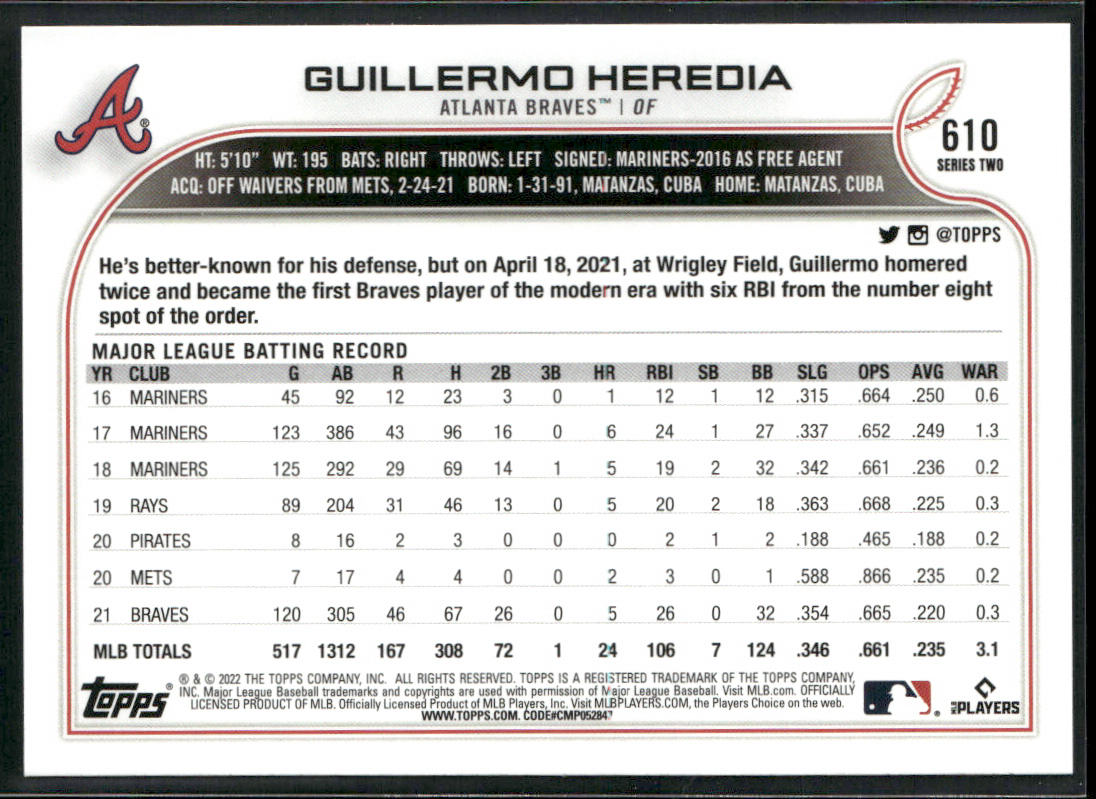 Guillermo Heredia 2022 Topps #610 Atlanta Braves back