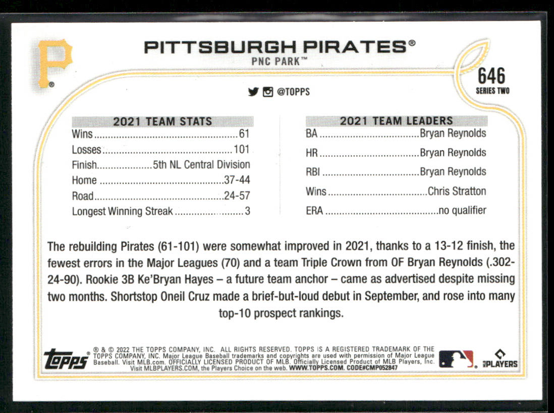 Pittsburgh Pirates 2022 Topps #646 Pittsburgh Pirates back