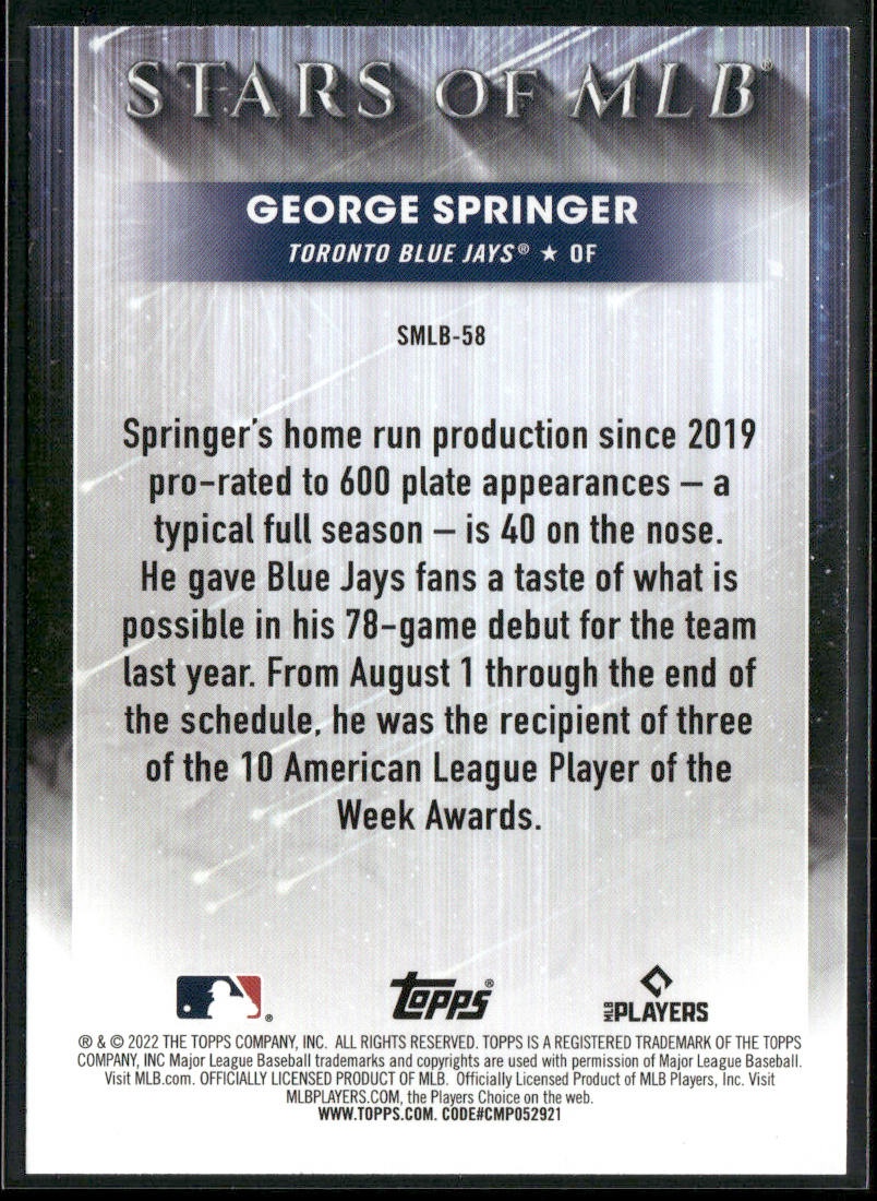 George Springer 2022 Topps Stars of MLB #SMLB-58 Toronto Blue Jays back