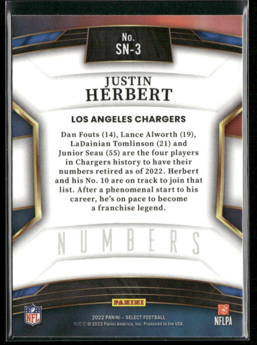 Justin Herbert 2022 Panini Select Select Numbers #SN-3 Los Angeles Chargers