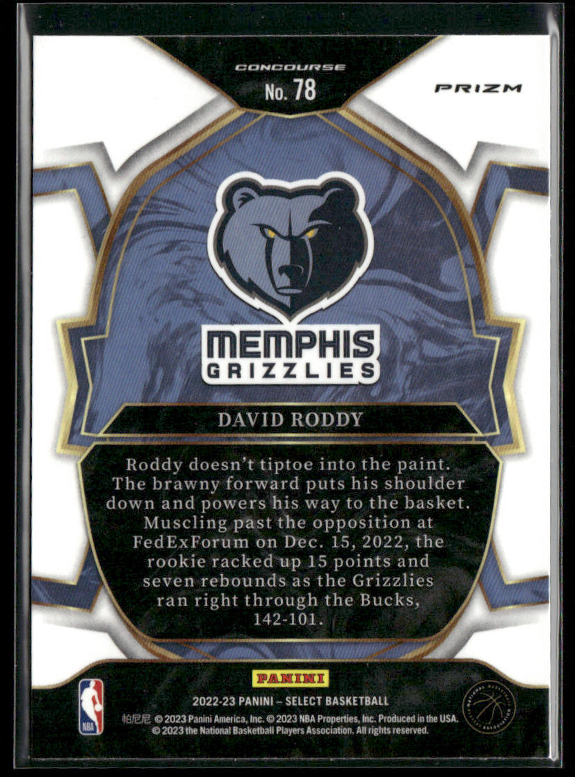 David Roddy 2022-23 Panini Select Orange Flash Prizms #78 RC Memphis Grizzlies