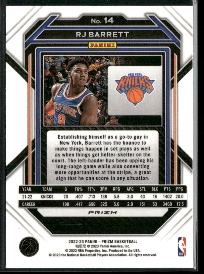 RJ Barrett 2022-23 Panini Prizm Prizms Green Ice #14 New York Knicks