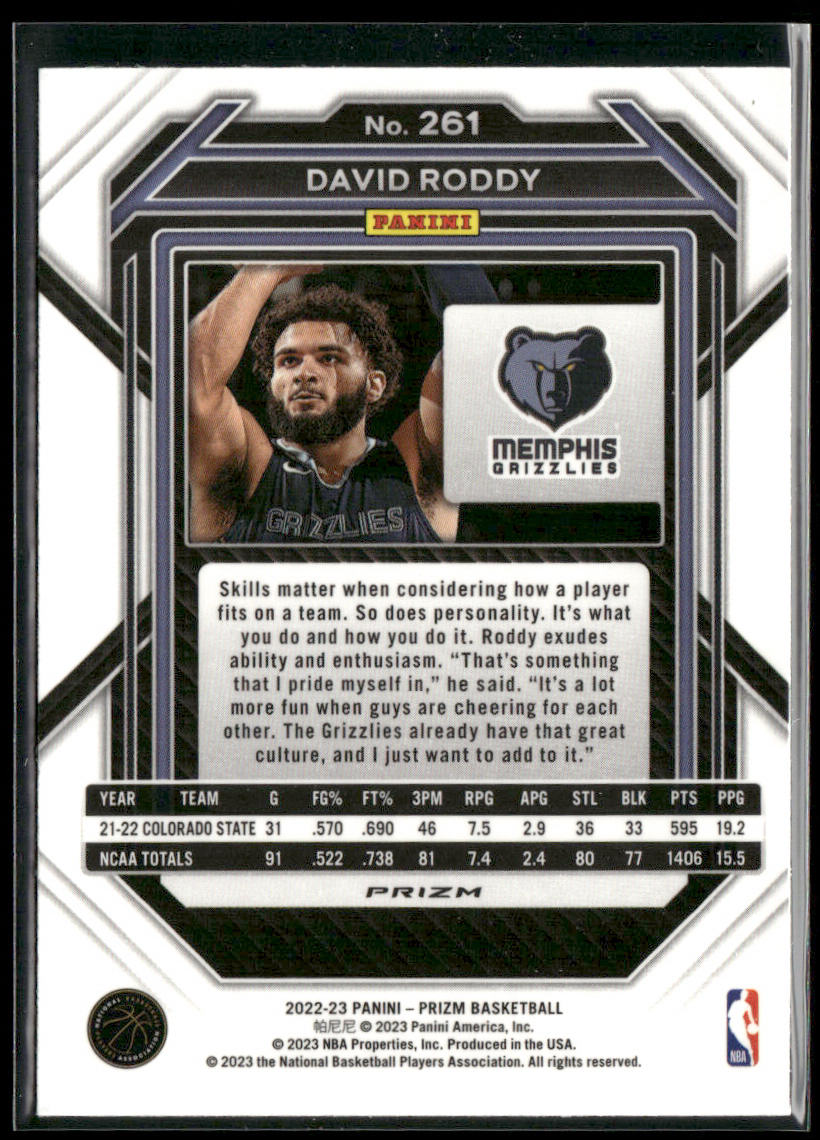 David Roddy 2022-23 Panini Prizm Prizms Green Ice #261 Memphis Grizzlies