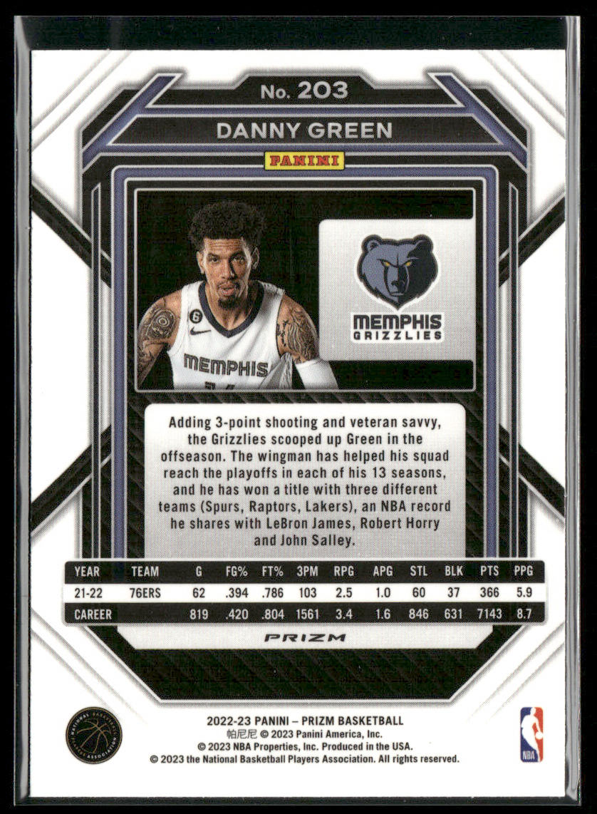 Danny Green 2022-23 Panini Prizm Prizms Green Ice #203 Memphis Grizzlies