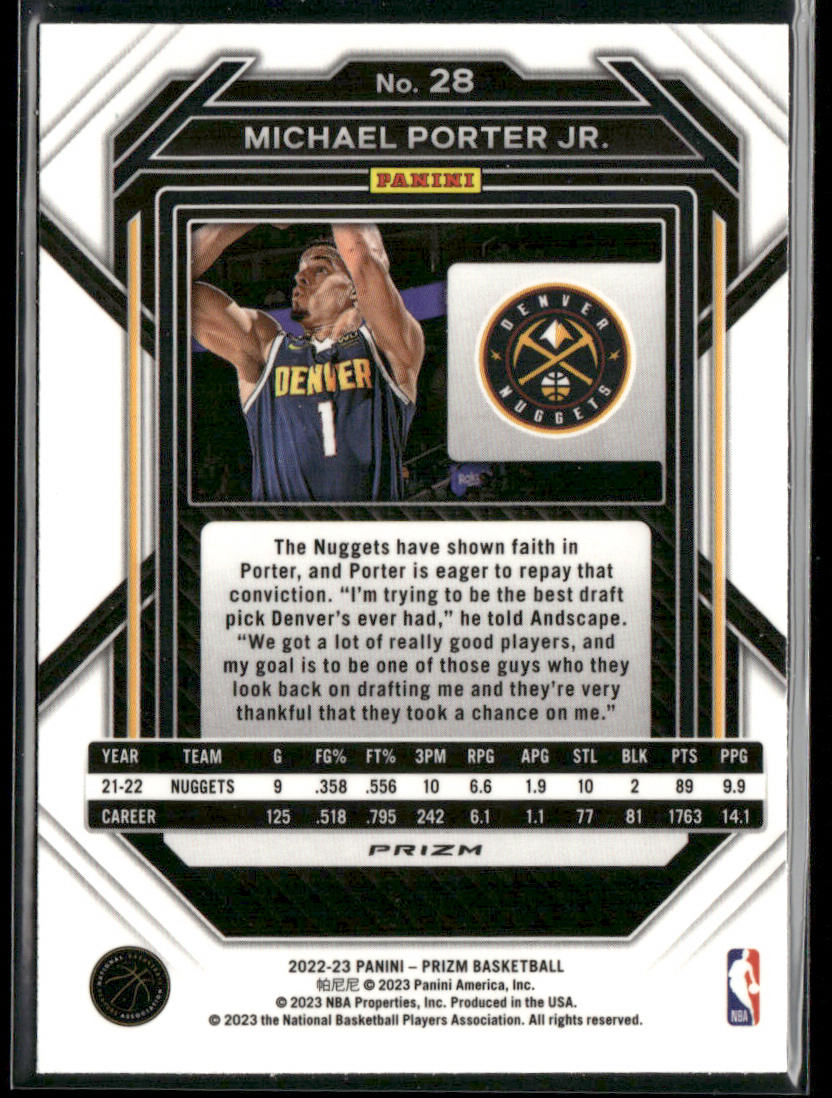 Michael Porter Jr. 2022-23 Panini Prizm Prizms Green Ice #28 Denver Nuggets