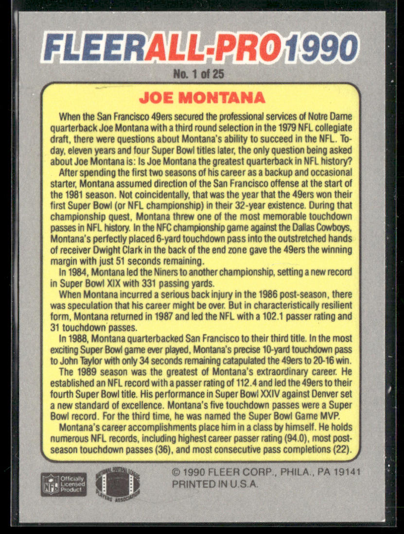 Joe Montana 1990 Fleer All-Pro #1 San Francisco 49ers back