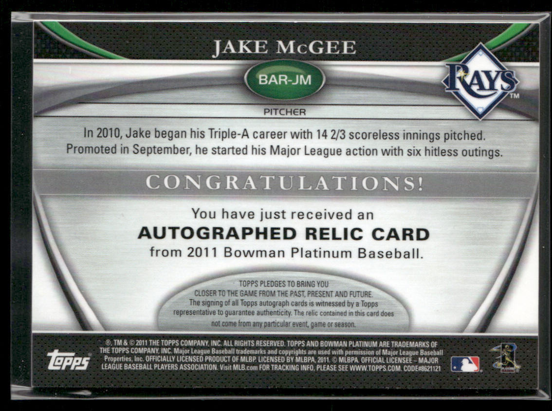 Jake McGee 2011 Bowman Platinum Relic Autograph Refractors #BAR-JM1 SN back