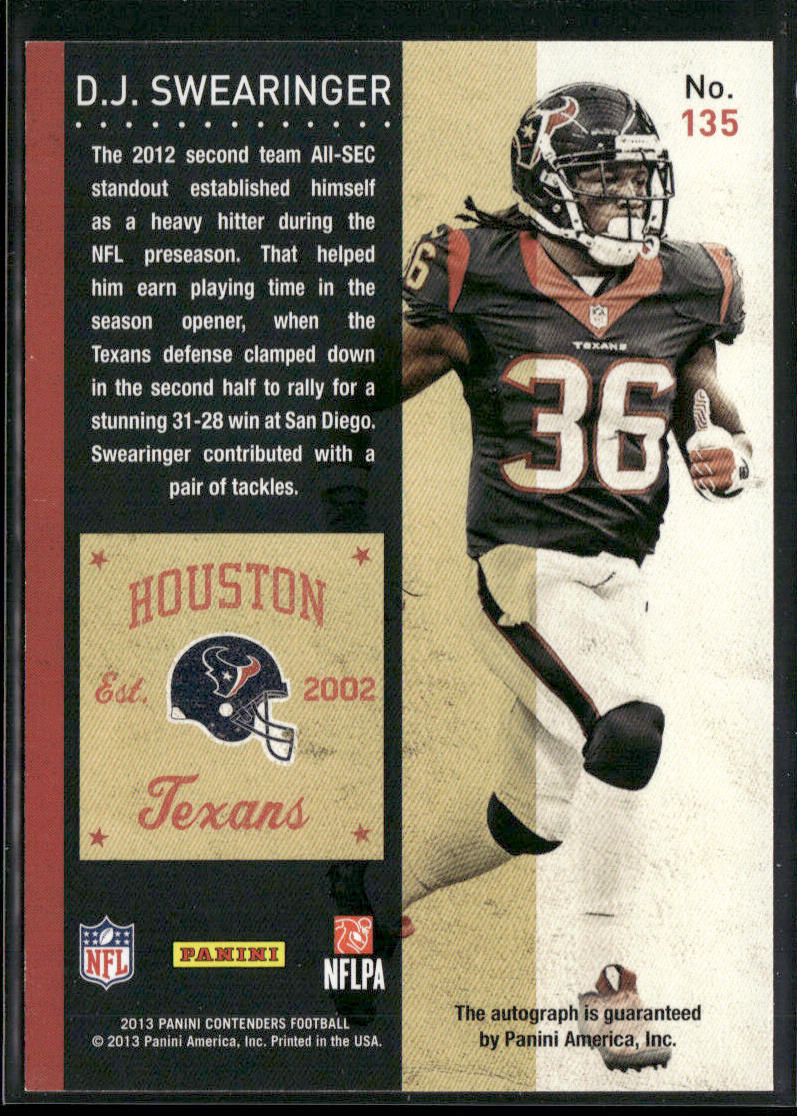 DJ Swearinger 2013 Panini Contenders #135a RC,AU Houston Texans back