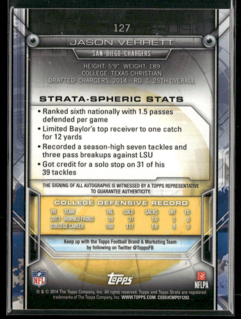 Jason Verrett 2014 Topps Strata Autographs #127 AU San Diego Chargers back