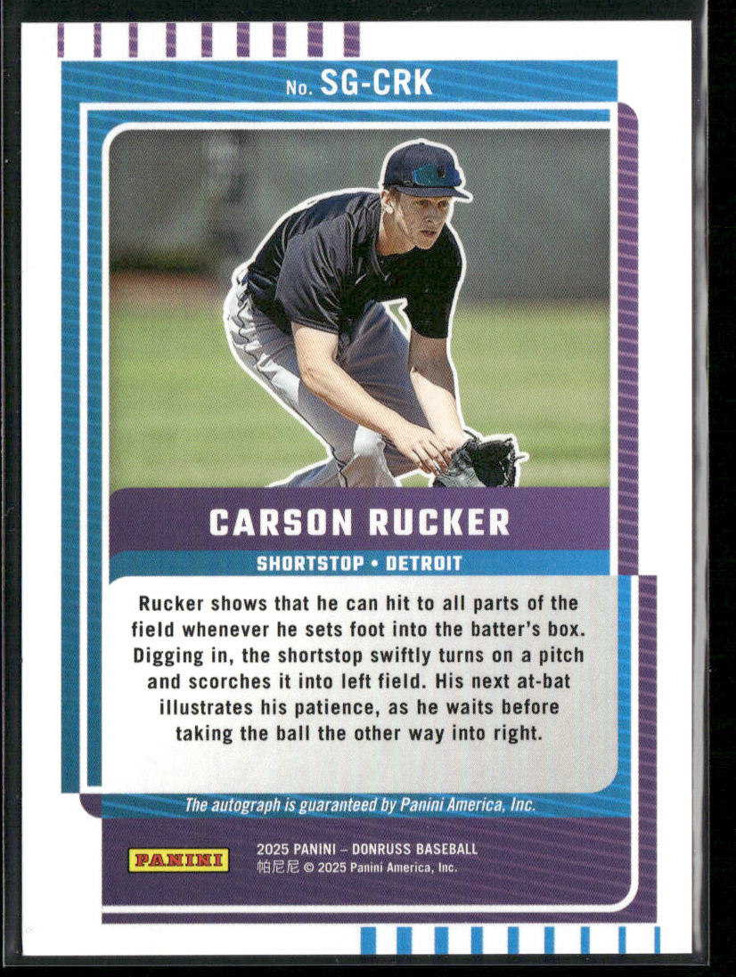 Carson Rucker 2025 Donruss Signature Series Green Laser #SG-CRK AU Tigers back